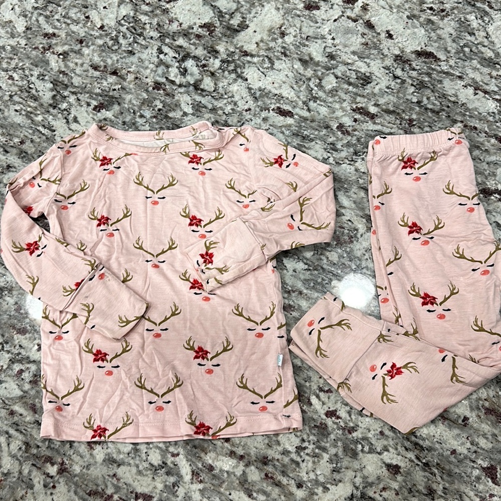 Posh peanut 18-24 2 piece pajama set poinsettia deer Christmas theme pink soft